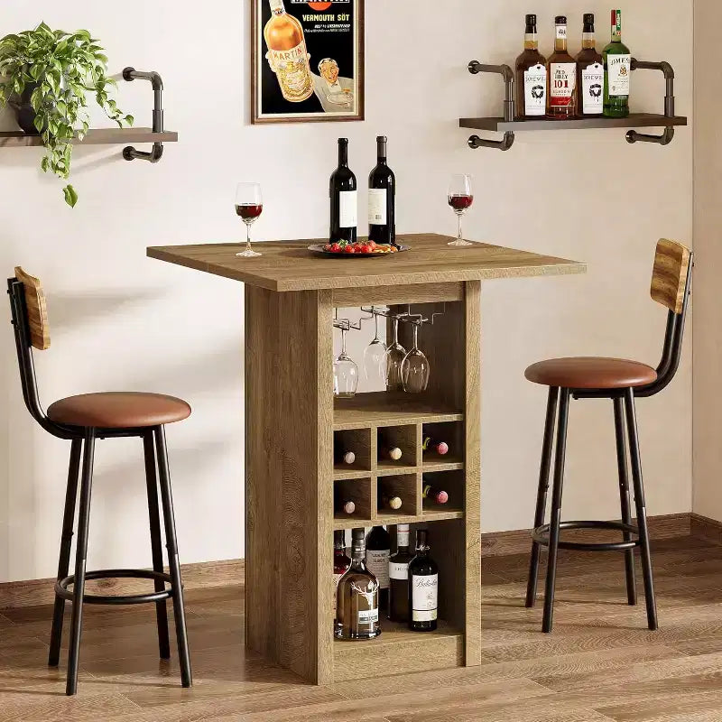 Table de bar carrée de 80 cm, unité de bar à hauteur de comptoir en bois à 4 niveaux avec porte-verres, porte-bouteilles et étagères de rangement pour bistrot