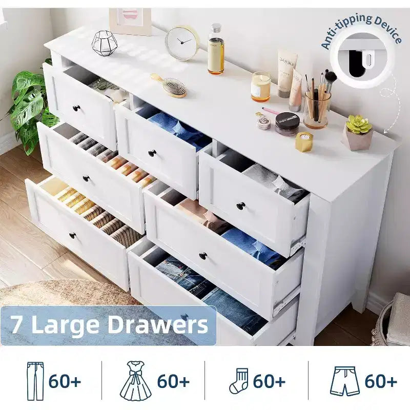 Commode 7 tiroirs de 137 cm de large pour chambre à coucher, commode moderne à tiroirs profonds, organiseur de vêtements pour salon, couloir