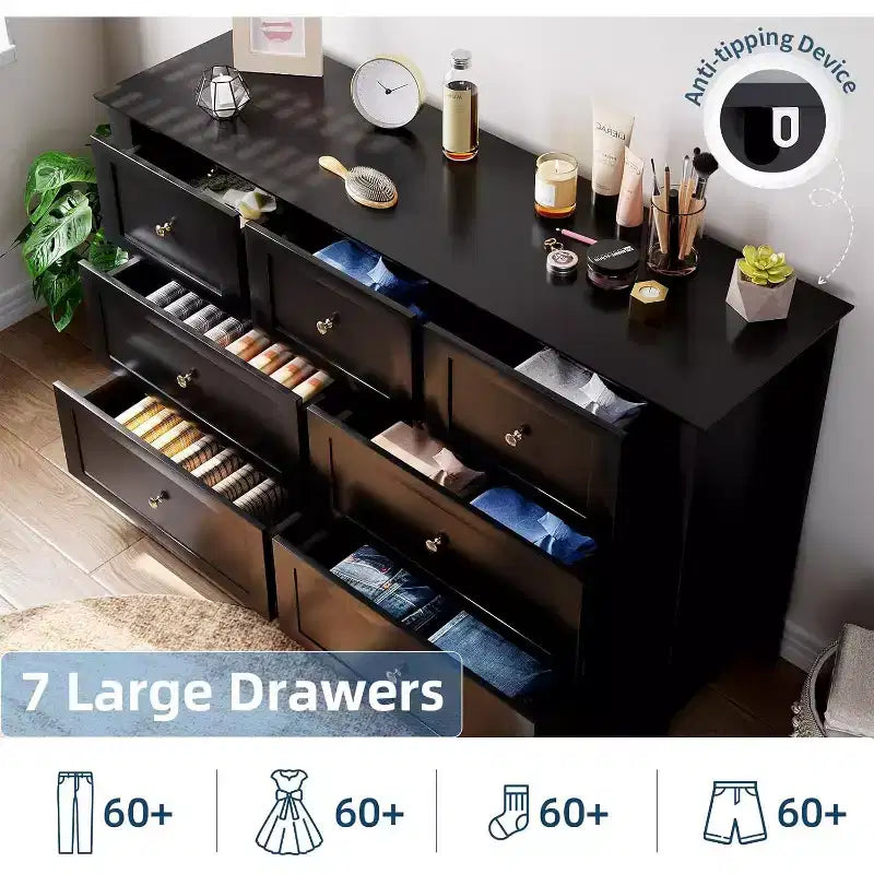 Commode 7 tiroirs de 137 cm de large pour chambre à coucher, commode moderne à tiroirs profonds, organiseur de vêtements pour salon, couloir