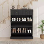 Meuble à chaussures cannelé 42, organisateur de chaussures noir haut et étroit avec 2 tiroirs basculants et un tiroir supérieur pour l'entrée