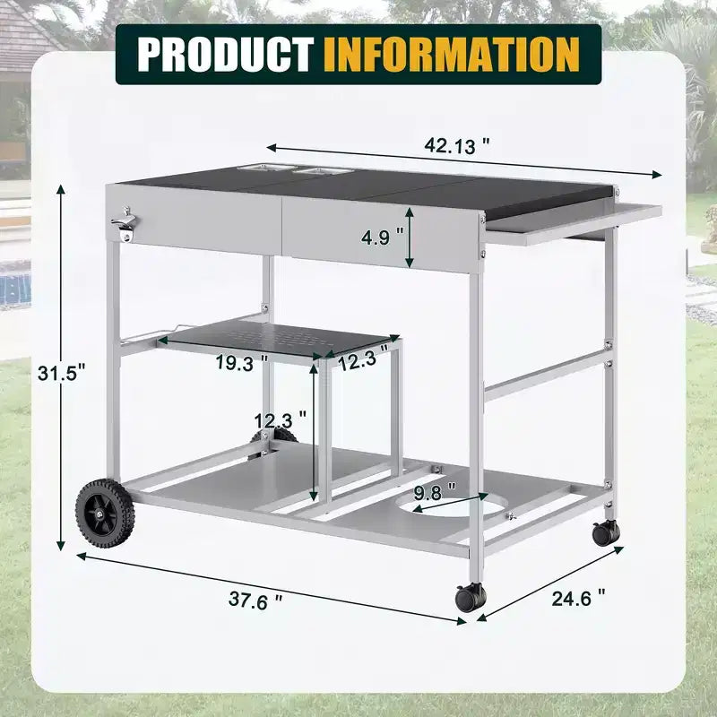 Chariot pour four à pizza avec station à garnitures, îlot de cuisine avec table de cuisson extérieure et rangement pour plancha, argent