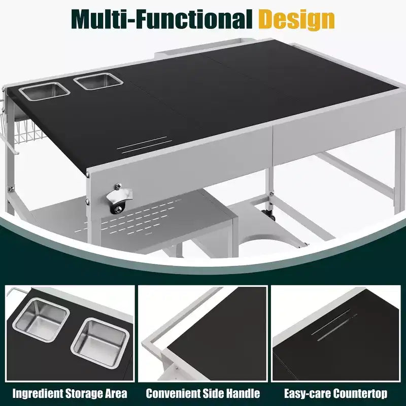 Chariot pour four à pizza avec station à garnitures, îlot de cuisine avec table de cuisson extérieure et rangement pour plancha, argent