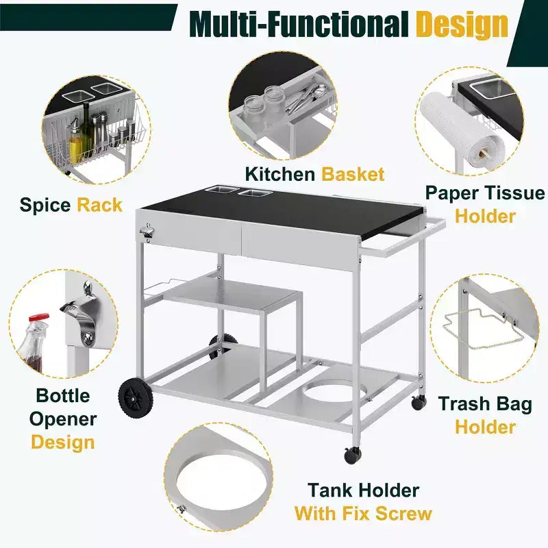 Chariot pour four à pizza avec station à garnitures, îlot de cuisine avec table de cuisson extérieure et rangement pour plancha, argent