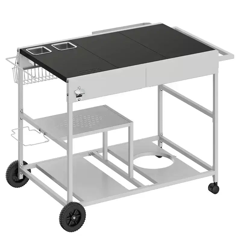 Chariot pour four à pizza avec station à garnitures, îlot de cuisine avec table de cuisson extérieure et rangement pour plancha, argent