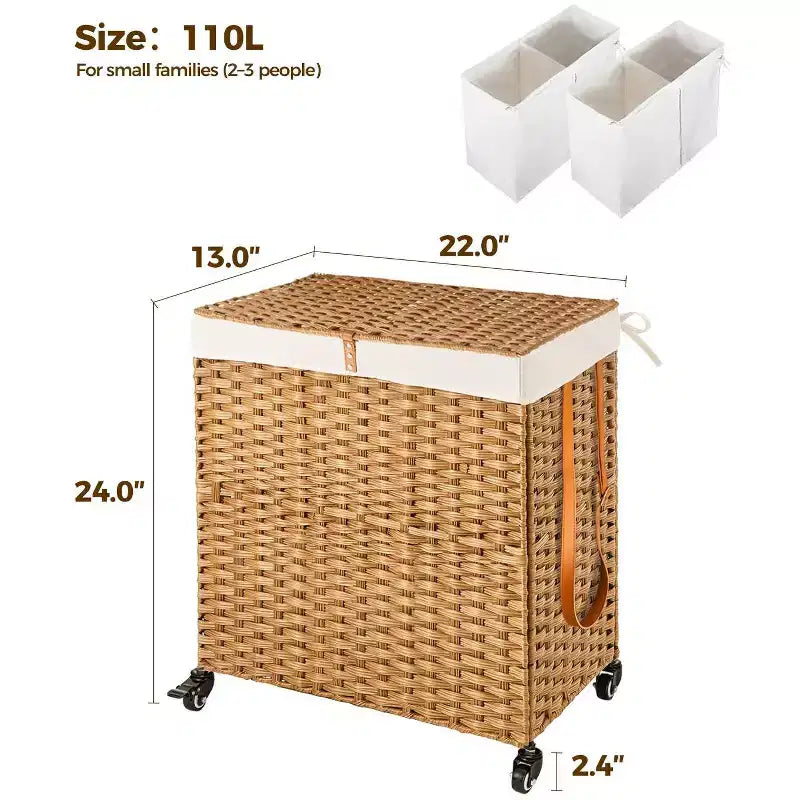 Panier à linge avec couvercle, deux sacs intérieurs amovibles, panier de rangement à vêtements à deux compartiments