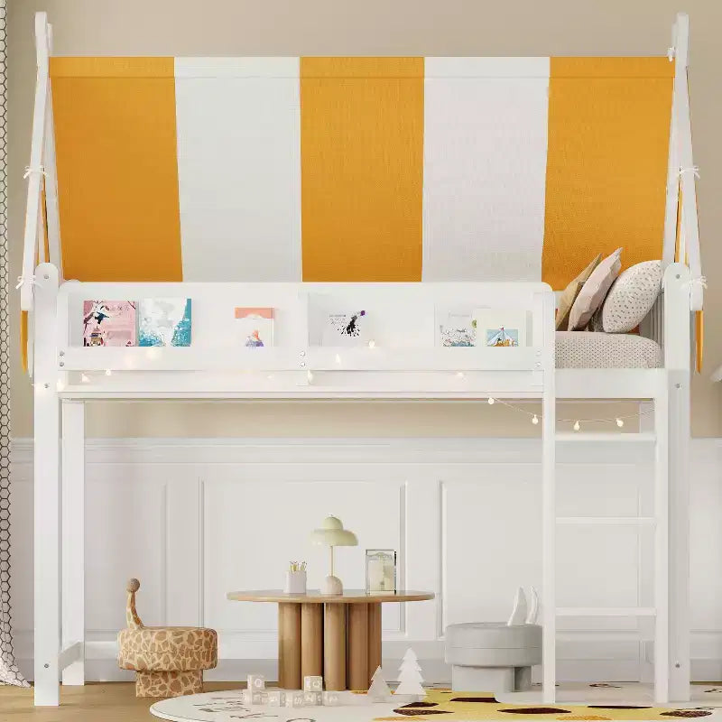 Lit mezzanine double/grand pour enfants avec baldaquin, lumières LED et étagère à livres