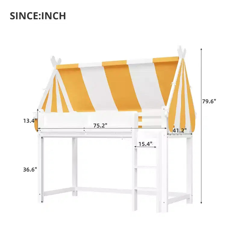 Lit mezzanine double/grand pour enfants avec baldaquin, lumières LED et étagère à livres