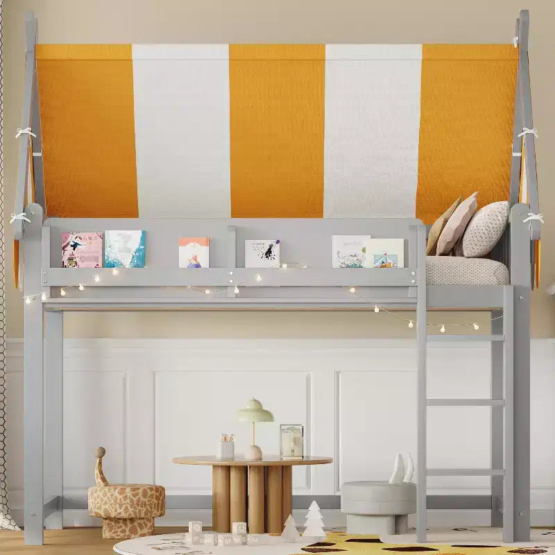Lit mezzanine double/grand pour enfants avec baldaquin, lumières LED et étagère à livres