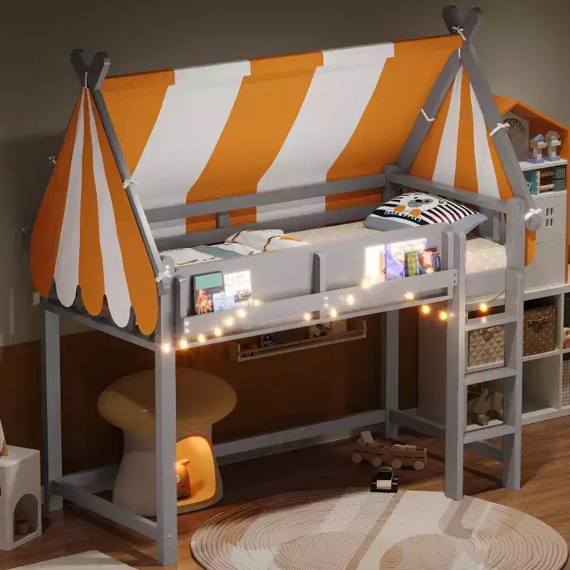 Lit mezzanine double/grand pour enfants avec baldaquin, lumières LED et étagère à livres