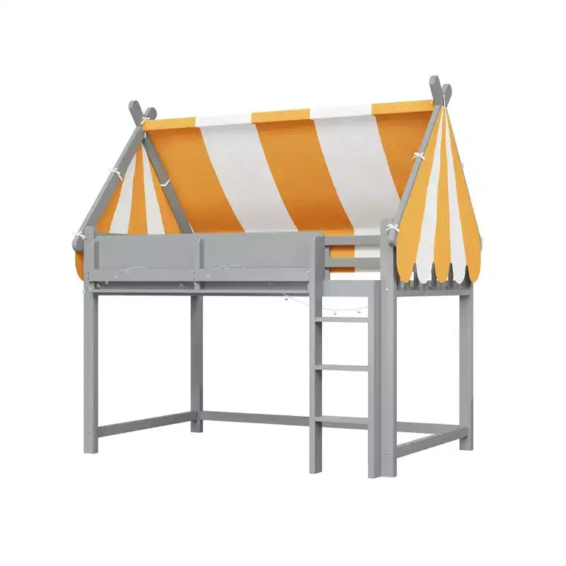 Lit mezzanine double/grand pour enfants avec baldaquin, lumières LED et étagère à livres