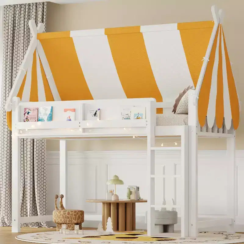 Lit mezzanine double/grand pour enfants avec baldaquin, lumières LED et étagère à livres