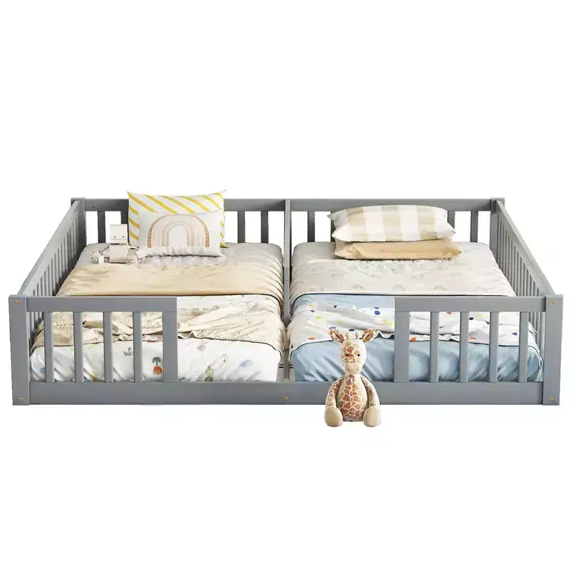 Lit superposé double avec garde-corps, pin et bois composite, naturel et gris, sûr, robuste, peu encombrant, montage facile pour les enfants