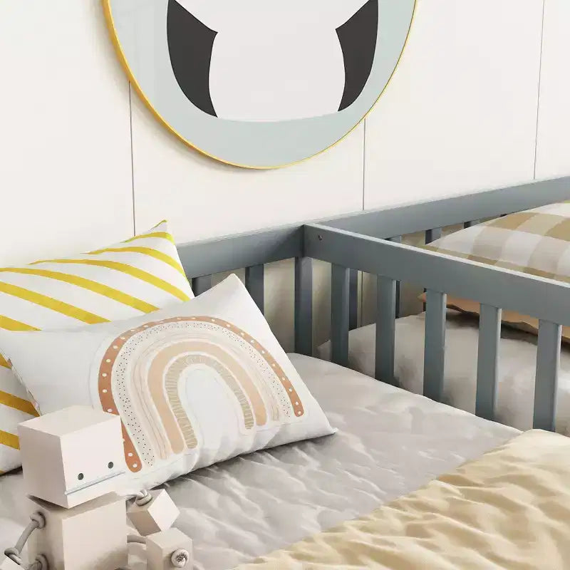 Lit superposé double avec garde-corps, pin et bois composite, naturel et gris, sûr, robuste, peu encombrant, montage facile pour les enfants