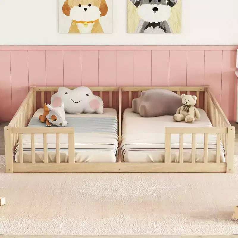 Lit superposé double avec garde-corps, pin et bois composite, naturel et gris, sûr, robuste, peu encombrant, montage facile pour les enfants