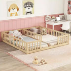 Lit superposé double avec garde-corps, pin et bois composite, naturel et gris, sûr, robuste, peu encombrant, montage facile pour les enfants