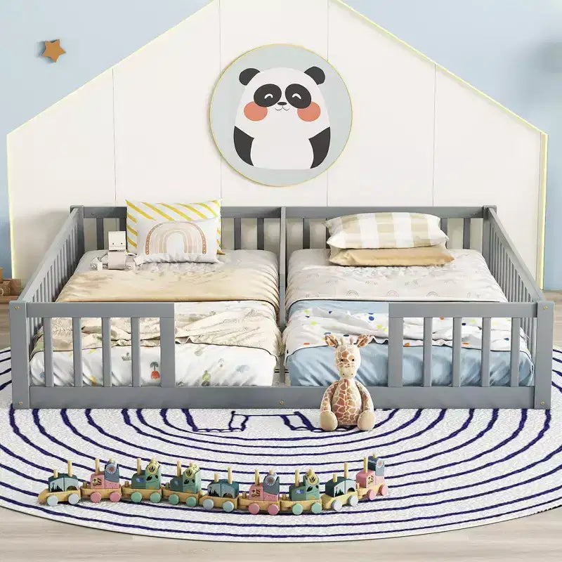 Lit superposé double avec garde-corps, pin et bois composite, naturel et gris, sûr, robuste, peu encombrant, montage facile pour les enfants
