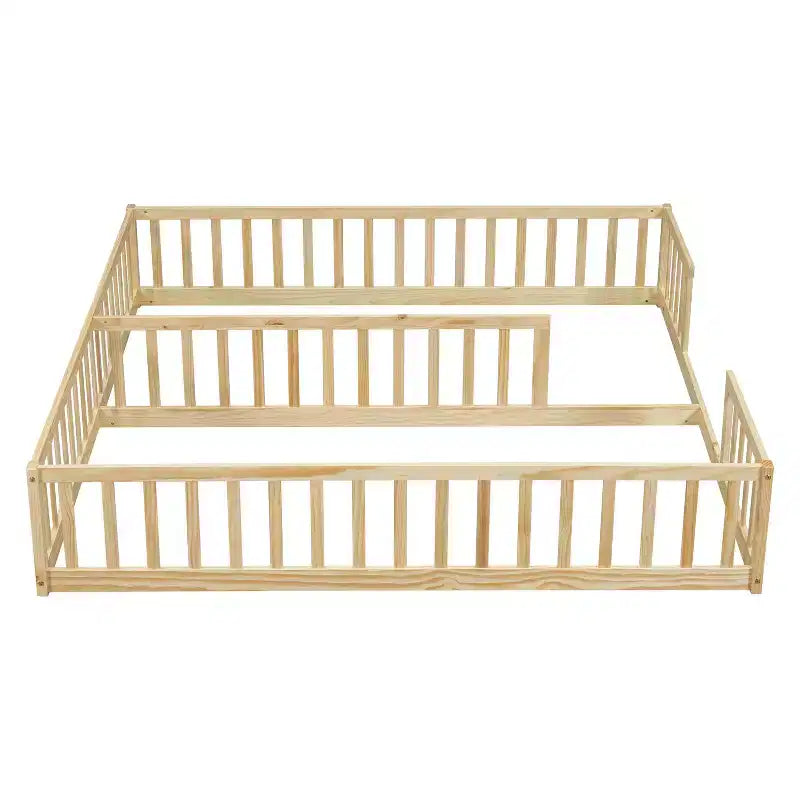 Lit superposé double avec garde-corps, pin et bois composite, naturel et gris, sûr, robuste, peu encombrant, montage facile pour les enfants