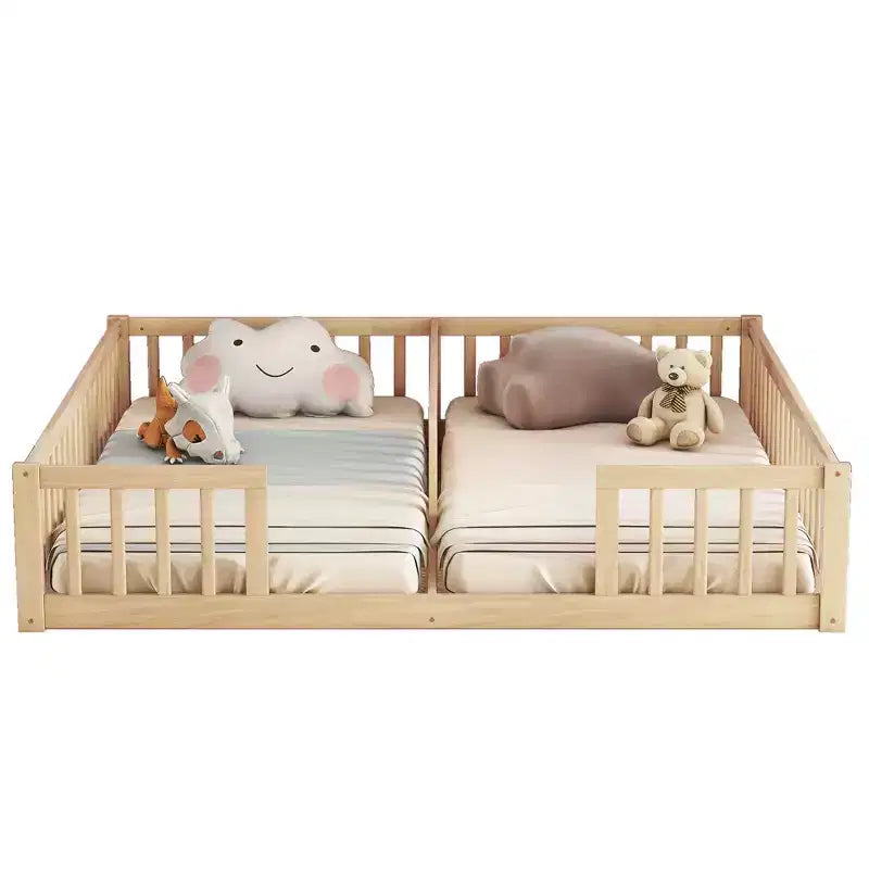 Lit superposé double avec garde-corps, pin et bois composite, naturel et gris, sûr, robuste, peu encombrant, montage facile pour les enfants