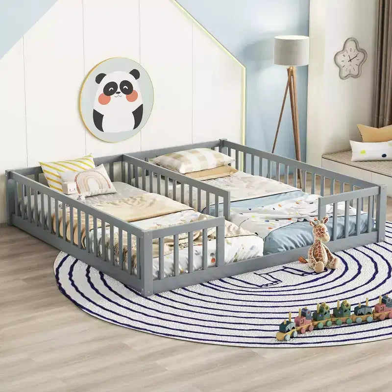 Lit superposé double avec garde-corps, pin et bois composite, naturel et gris, sûr, robuste, peu encombrant, montage facile pour les enfants