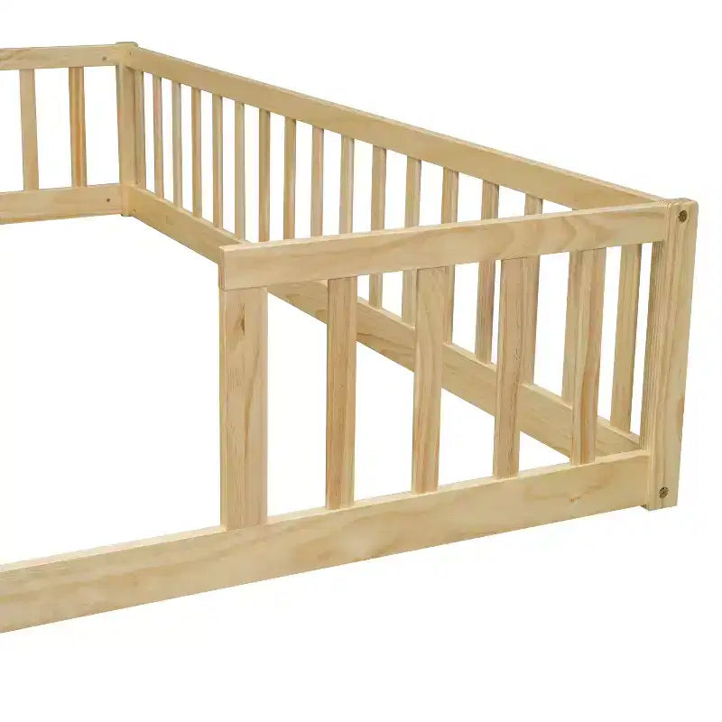 Lit superposé double avec garde-corps, pin et bois composite, naturel et gris, sûr, robuste, peu encombrant, montage facile pour les enfants
