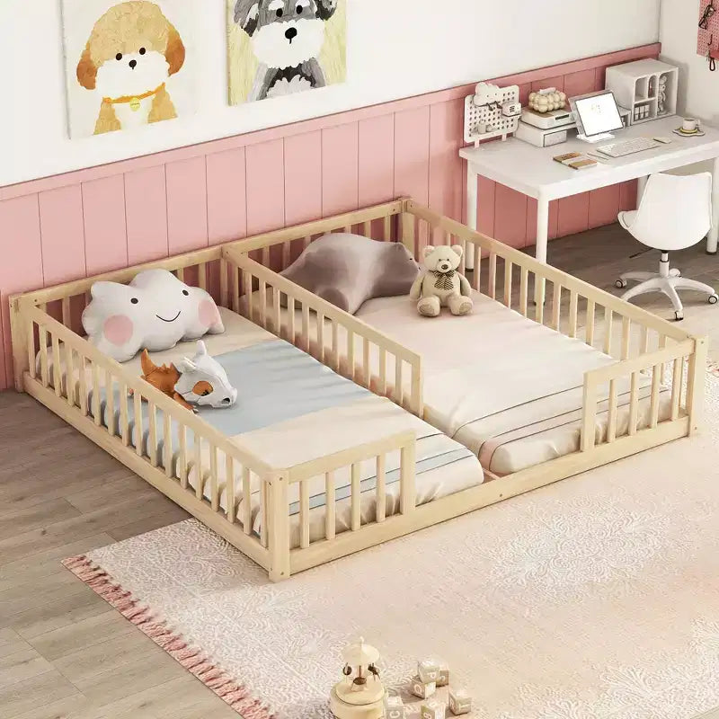 Lit superposé double avec garde-corps, pin et bois composite, naturel et gris, sûr, robuste, peu encombrant, montage facile pour les enfants