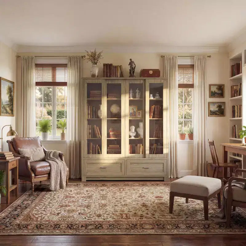 Vitrine Chêne Clair Effet Bois: 63 po L, Portes Coulissantes Vitrées + Tiroirs de Rangement, Organisateur Spacieux pour Bibliothèques à Domicile et Salons