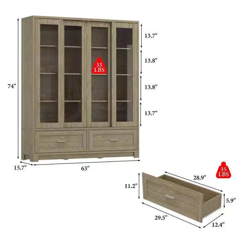 Vitrine Chêne Clair Effet Bois: 63 po L, Portes Coulissantes Vitrées + Tiroirs de Rangement, Organisateur Spacieux pour Bibliothèques à Domicile et Salons