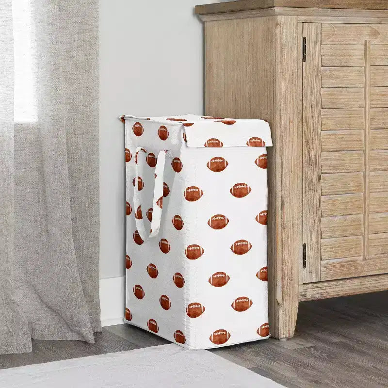 Panier à linge pliable pour enfant avec poignées Thème football sportif Aquarelle Marron et blanc
