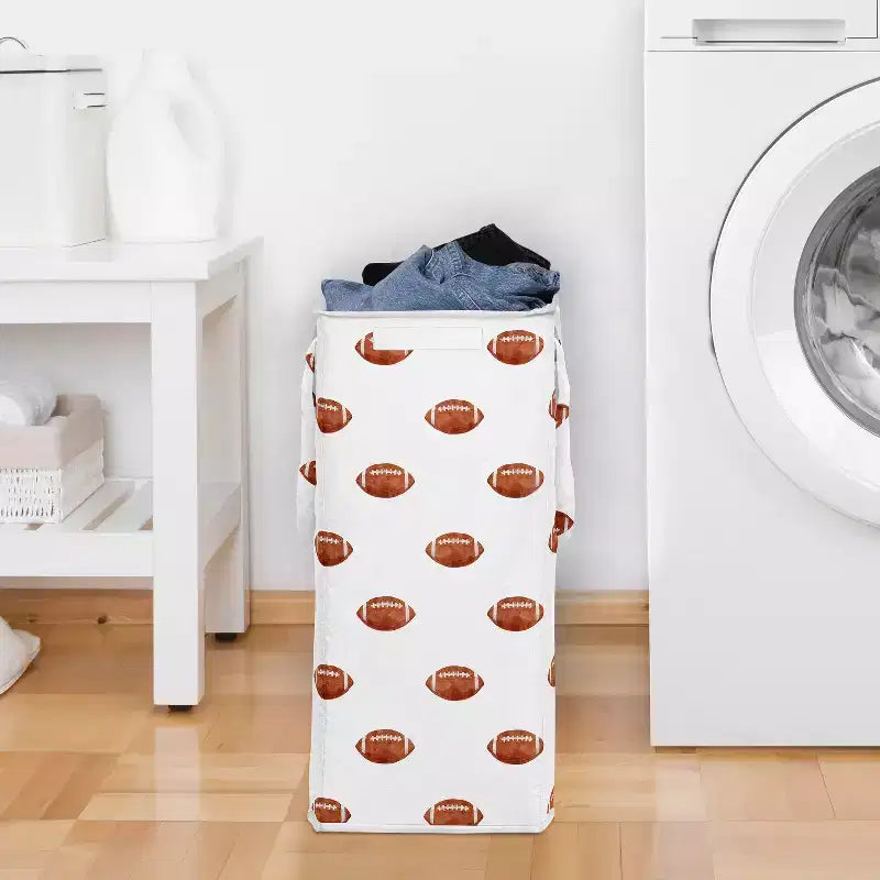 Panier à linge pliable pour enfant avec poignées Thème football sportif Aquarelle Marron et blanc