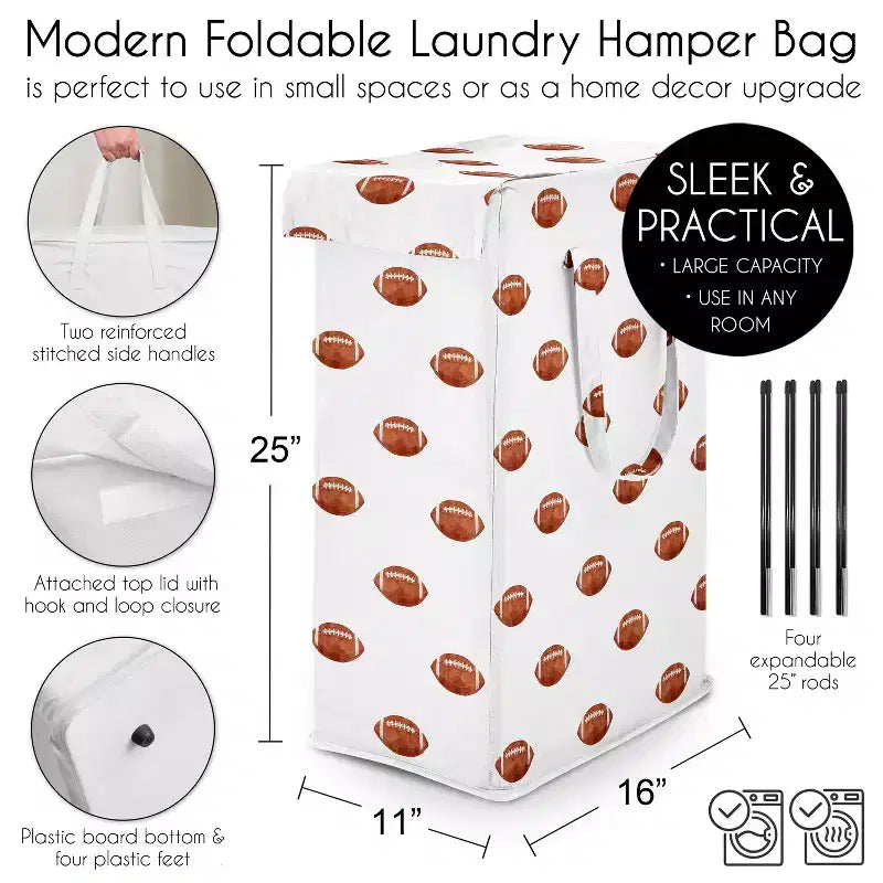 Panier à linge pliable pour enfant avec poignées Thème football sportif Aquarelle Marron et blanc