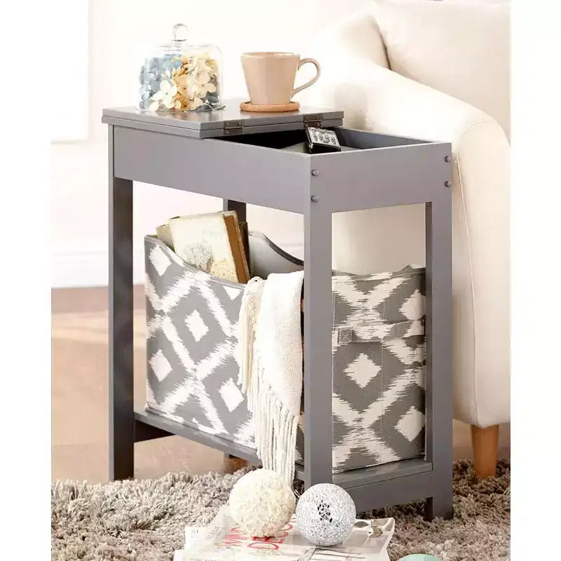 Table d'appoint étroite en bois avec plateau rabattable et panier de rangement en tissu
