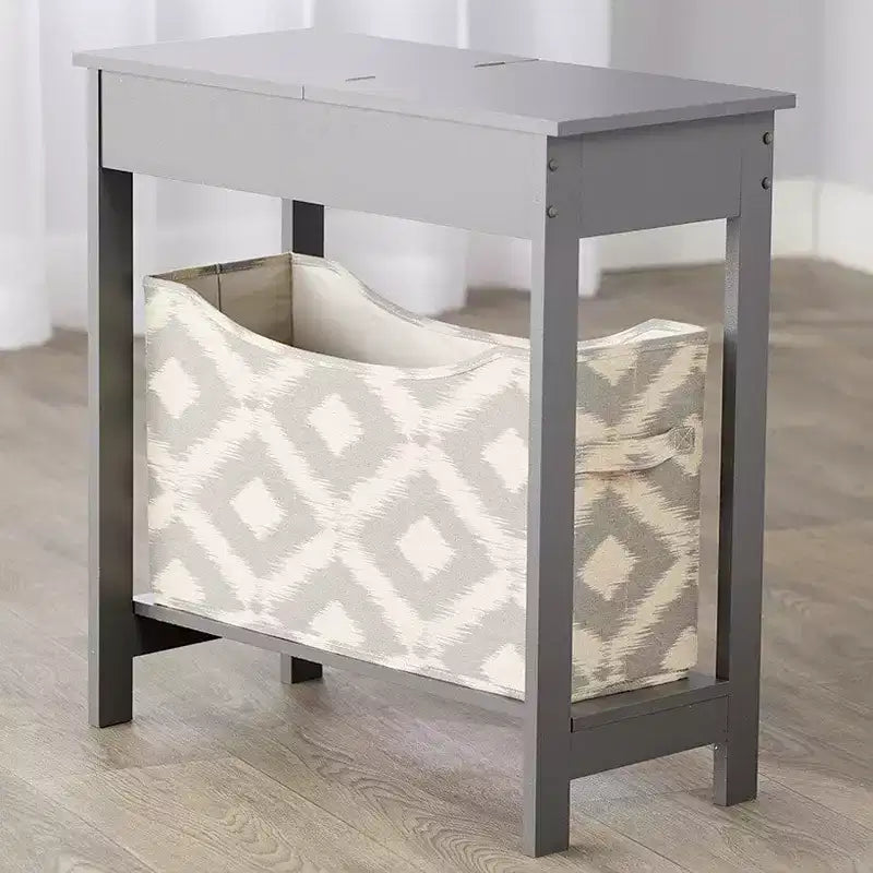 Table d'appoint étroite en bois avec plateau rabattable et panier de rangement en tissu