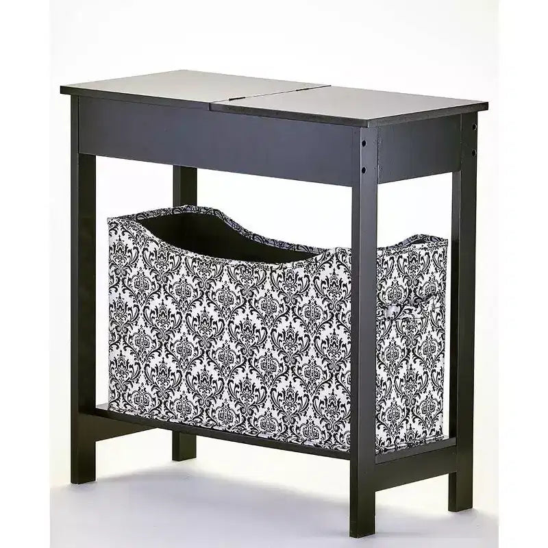 Table d'appoint étroite en bois avec plateau rabattable et panier de rangement en tissu