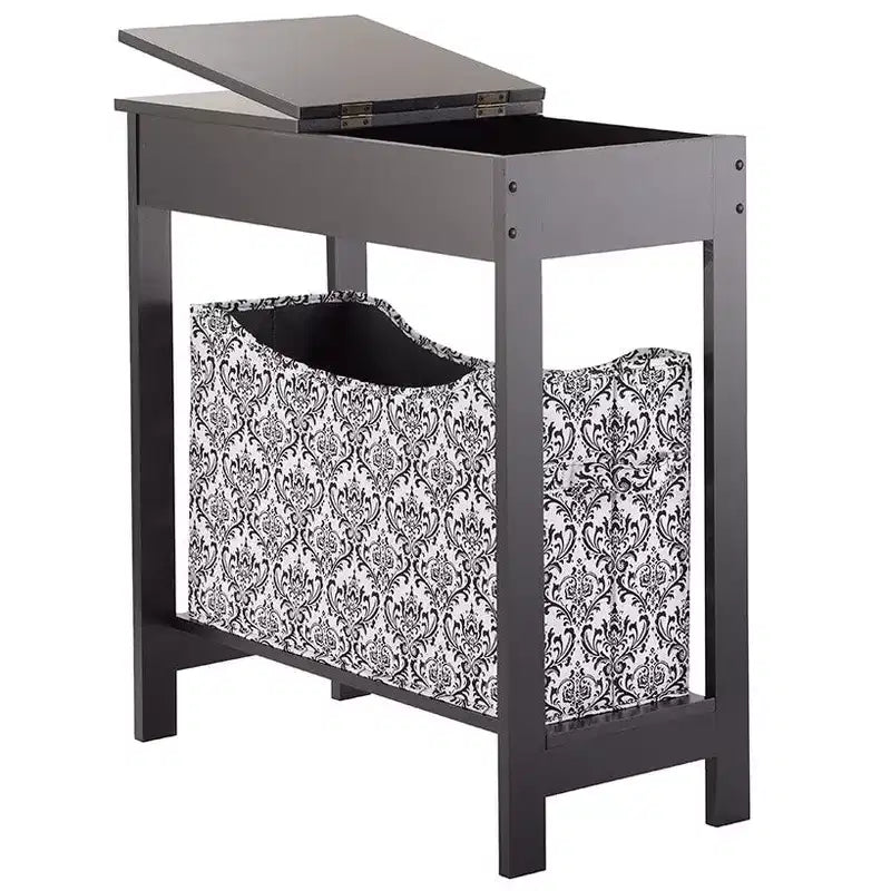 Table d'appoint étroite en bois avec plateau rabattable et panier de rangement en tissu