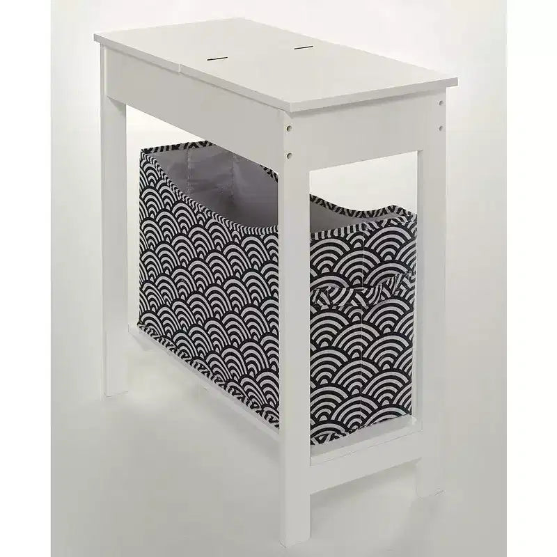Table d'appoint étroite en bois avec plateau rabattable et panier de rangement en tissu