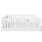 Lit au sol Montessori blanc pour enfant, modèle deux places avec barrières et porte, en bois massif, 1 place