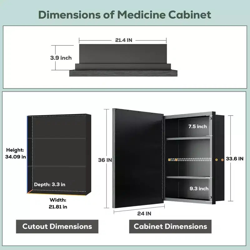 Armoire à pharmacie rectangulaire encastrée/en surface avec miroir, cadre en métal, 24 po L x 36 po H