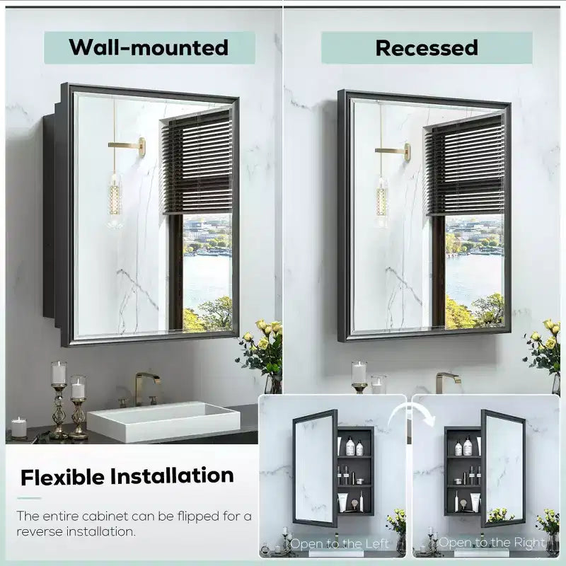 Armoire à pharmacie rectangulaire encastrée/en surface avec miroir, cadre en métal, 24 po L x 36 po H