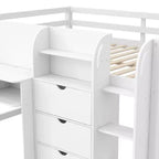 Lit mezzanine bas rose/blanc avec bureau, rangement et tableau blanc – 1 personne, format simple