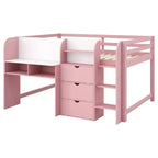 Lit mezzanine bas rose/blanc avec bureau, rangement et tableau blanc – 1 personne, format simple